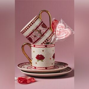 NEW Anthropologie Bistro Tile Stoneware 24k Gold Accent Espresso Cup & Saucer